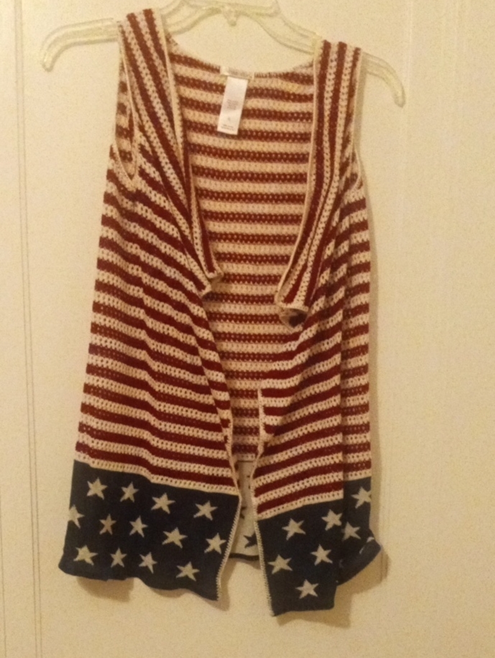 women xl Crochet sleeveless overlay top red white blue with stars